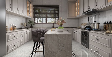 Gạch bông lát nền giúp khu bếp vừa đẹp mắt vừa thuận tiện khi sử dụng hằng ngày.