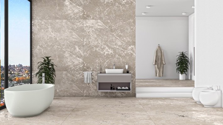 Mảng tường nhấn bằng gạch bông giúp khu lavabo nổi bật mà vẫn tinh tế.